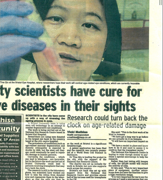 Newspaper clipping about Sight Research UK (formerly NERC) supporting Bristol-based research project