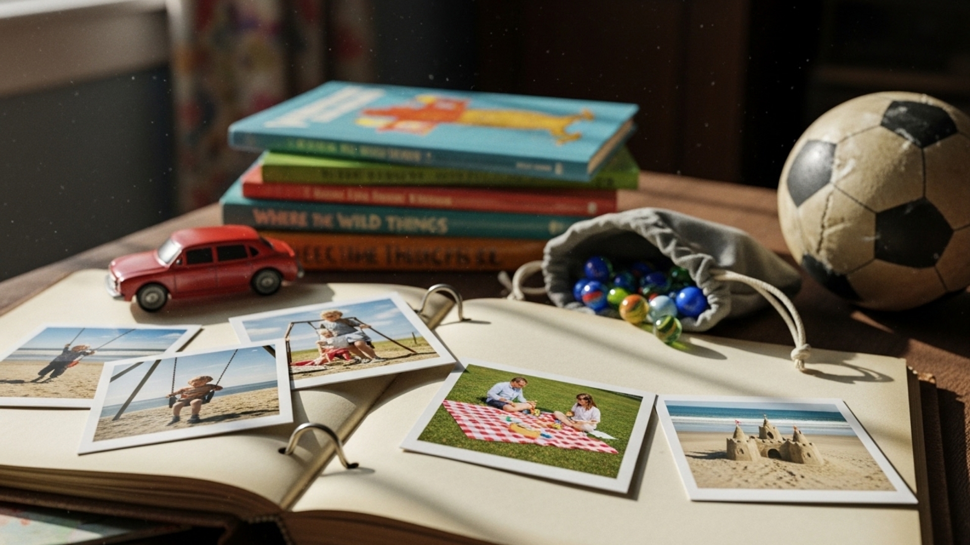 Sentimental family photos next to football and photo albums