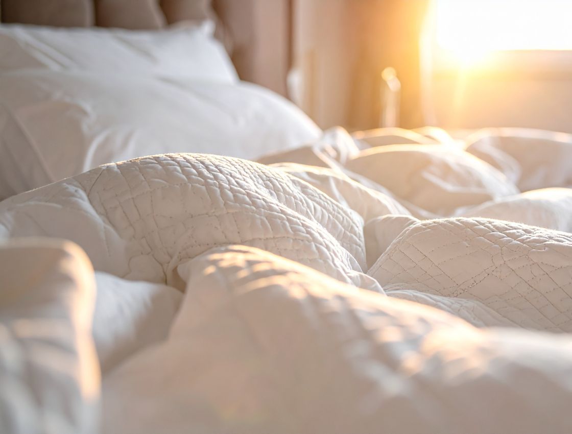 Sunlight through window, duvet covers and bed in foreground